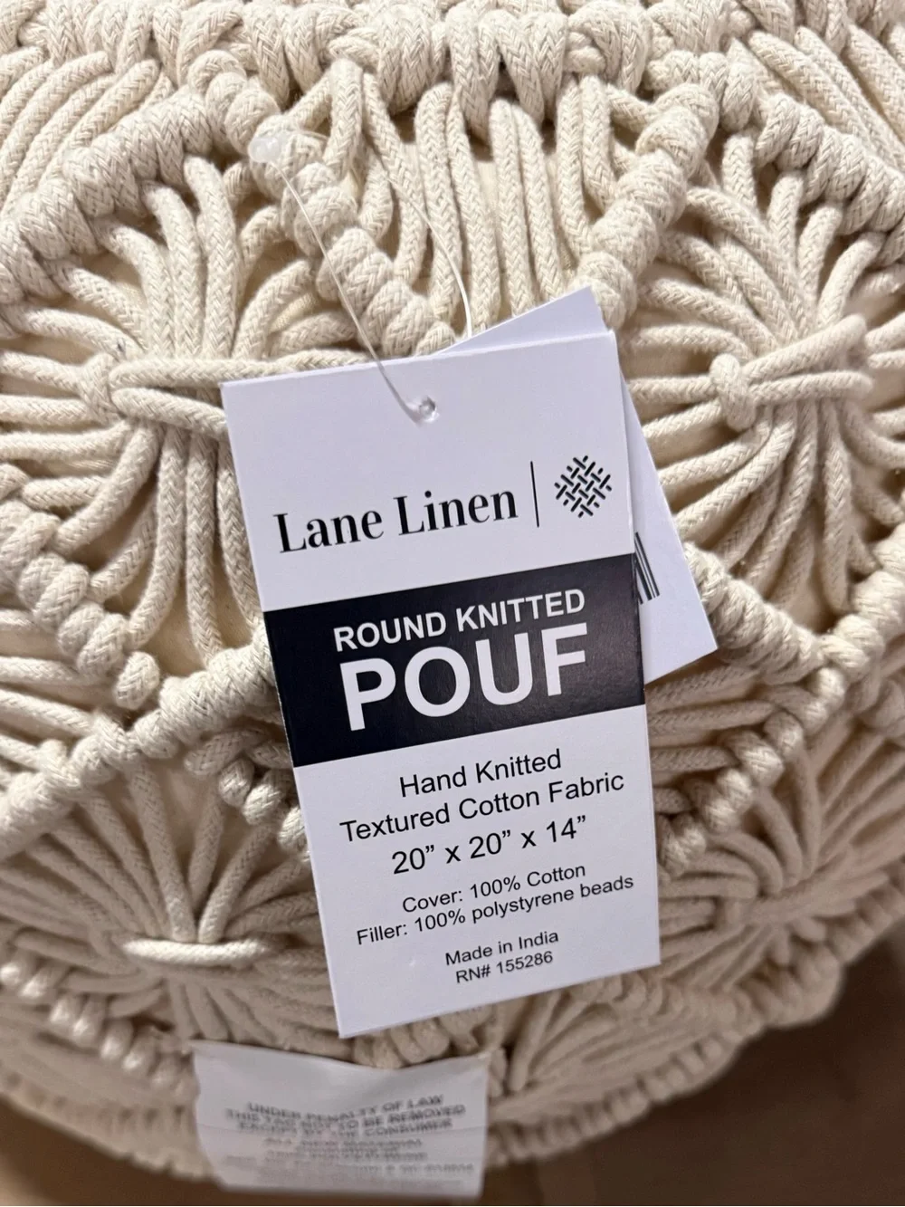 Hand-Knitted Round Pouf in Cream